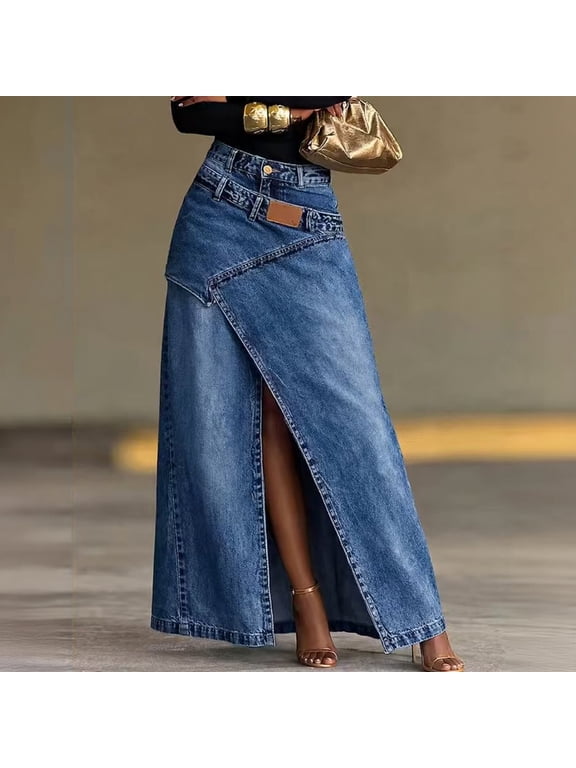 Denim Skirt Womens Asymmetrical Overlap High Waisted Button Zipper Closure Maxi skirts Front Slit vintage Washed Attire