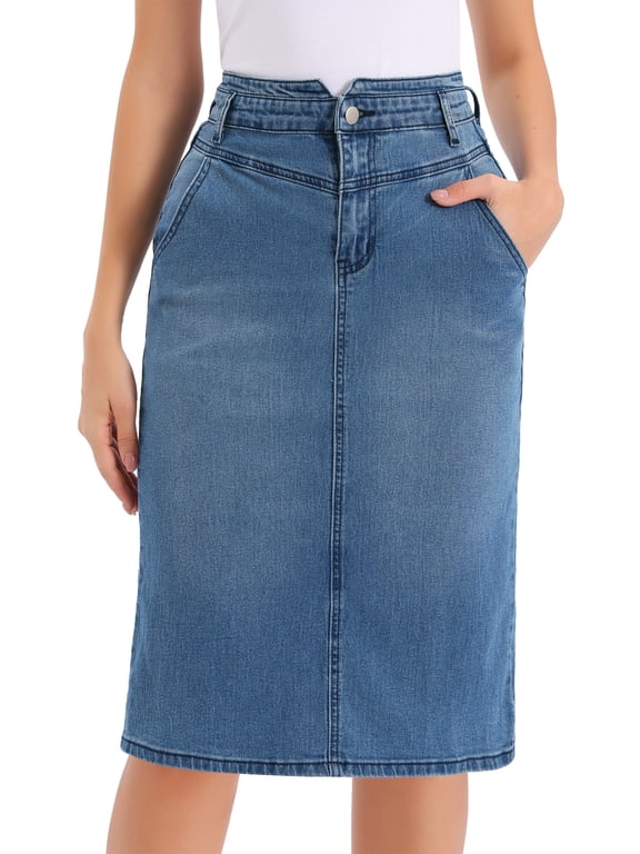 Women's Denim Skirt Back Slit Stretchy High Waisted Casual Midi Jean Skirt L Blue