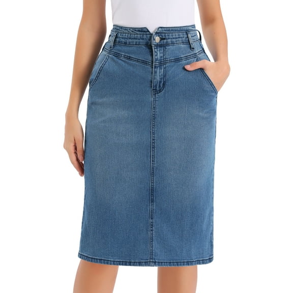 Denim Skirt for Women Casual Back Slit Stretchy High Waisted Midi Jean Skirt M Blue
