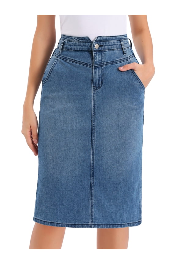 Denim Skirt for Women Casual Back Slit Stretchy High Waisted Midi Jean Skirt M Blue