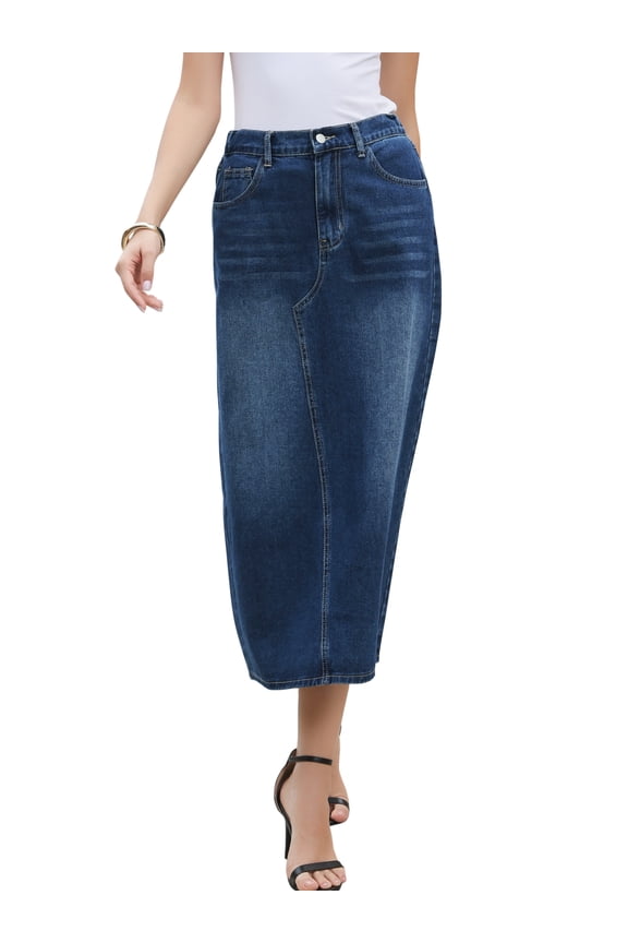 Denim Skirt for Women Elastic Waist Split Back Pockets Maxi Length Long Jean Skirts M Dark Blue