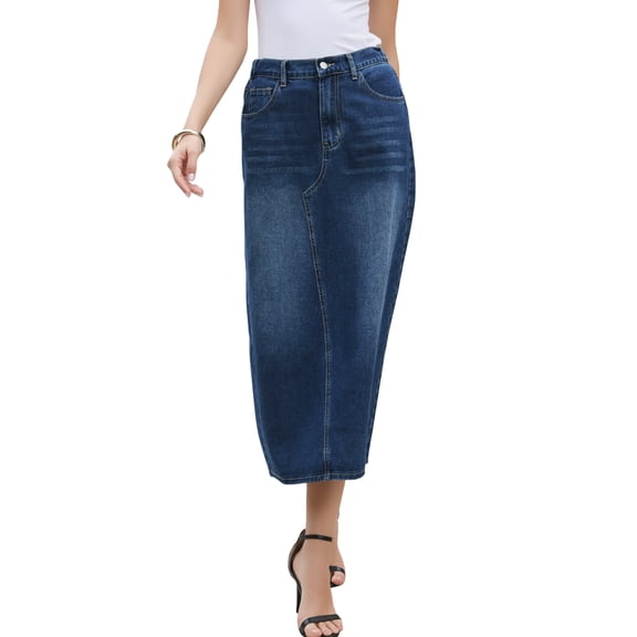 Denim Skirt for Women Elastic Waist Split Back Pockets Maxi Length Long Jean Skirts XL Dark Blue