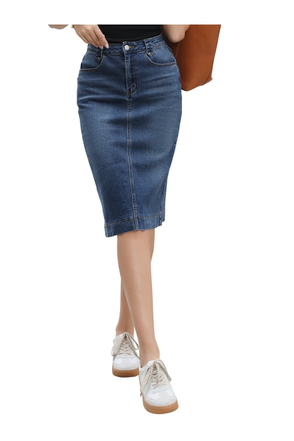 Denim Skirt for Women High Waist Split Back Pockets Knee Length Pencil Skirt L Dark Blue