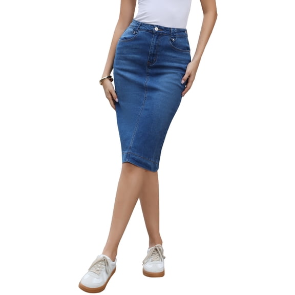 Denim Skirt for Women High Waist Split Back Pockets Knee Length Pencil Skirt M Blue