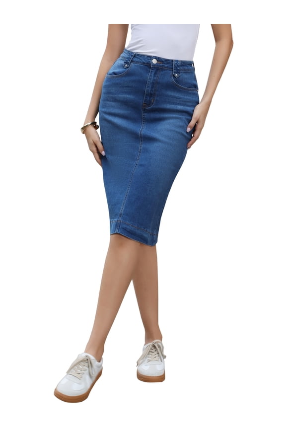 Denim Skirt for Women High Waist Split Back Pockets Knee Length Pencil Skirt XS Blue