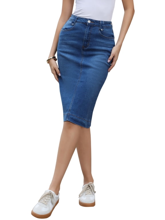 Denim Skirt for Women High Waist Split Back Pockets Knee Length Pencil Skirt XS Blue