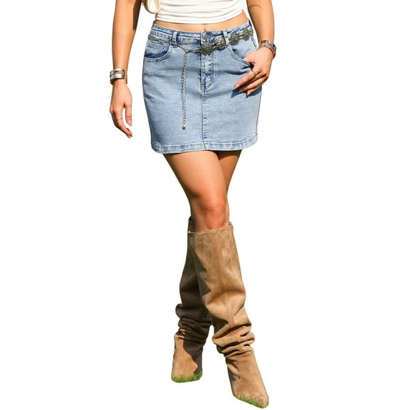 Denim Skirt for Women's Kowknot Pockets High Waist Y2k Bodycon Mini Skirts S Light Blue