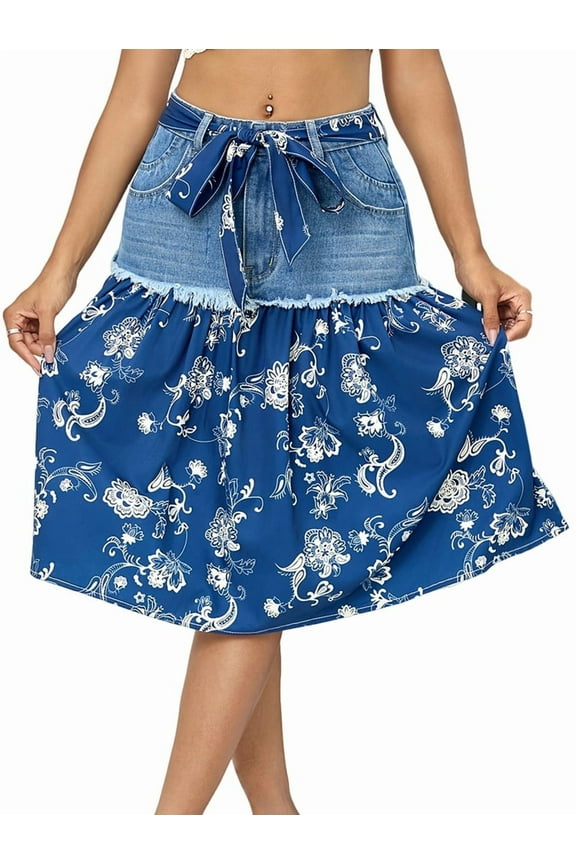 Denim Skirts for Women Lace Up Patchwork Print Bohemian A-Line Summer Midi Jean Skirts