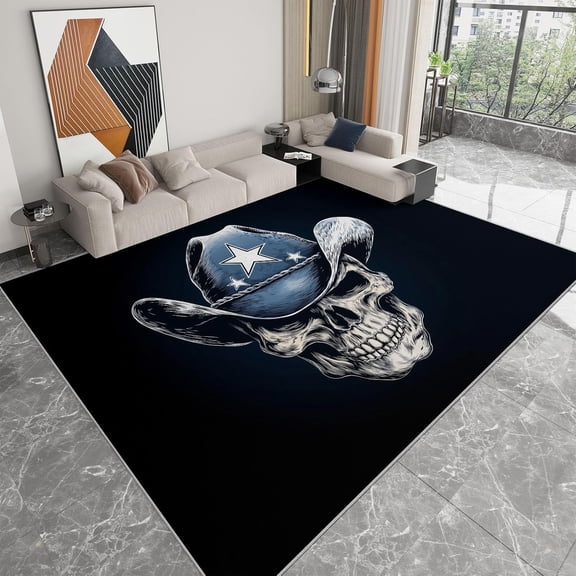 Denim Skull Area Rugs, Retro Denim Skull Carpet, Washable Non Slip Low Pile Soft Rug for Living Room Bedroom Entryway Decor Mat 5x8ft