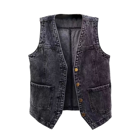 Denim Sleeveless Vest - Women's Casual Pocketed Jacket, Loose Fit Layering Piece | Baberdicy | Women Autumn Solid Color with Pocket Loose Casual Sleeveless (Black | L)