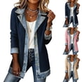 thumbnail image 1 of Denim Spliced Ribbed Button Down Jacket For Women Long Sleeve Lapel Casual Mid Length Coat M, 1 of 7