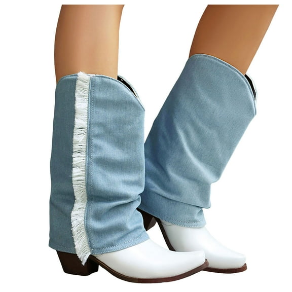 Denim Splicing Fold Over Boots for Women Fashion Fringe Chunky Heel Mid Calf Western Cowboy Booties