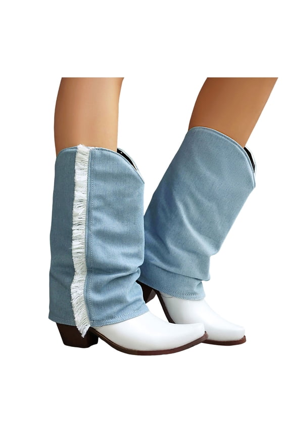 Denim Splicing Fold Over Boots for Women Fashion Fringe Chunky Heel Mid Calf Western Cowboy Booties