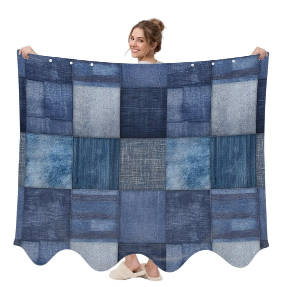Denim Squares Wearable Blanket, Rustic Blue Jeans Fabric Patchwork Textile Texture Plush Thick Cozy Flannel Oversized Adult Throw Body Wearable Blankets with Pocket Gifts for Women Men 58x64in