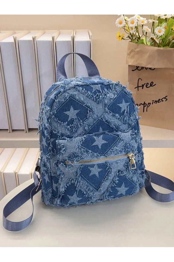 Denim Star Pattern Mini Backpack With Fringe Detail Blue