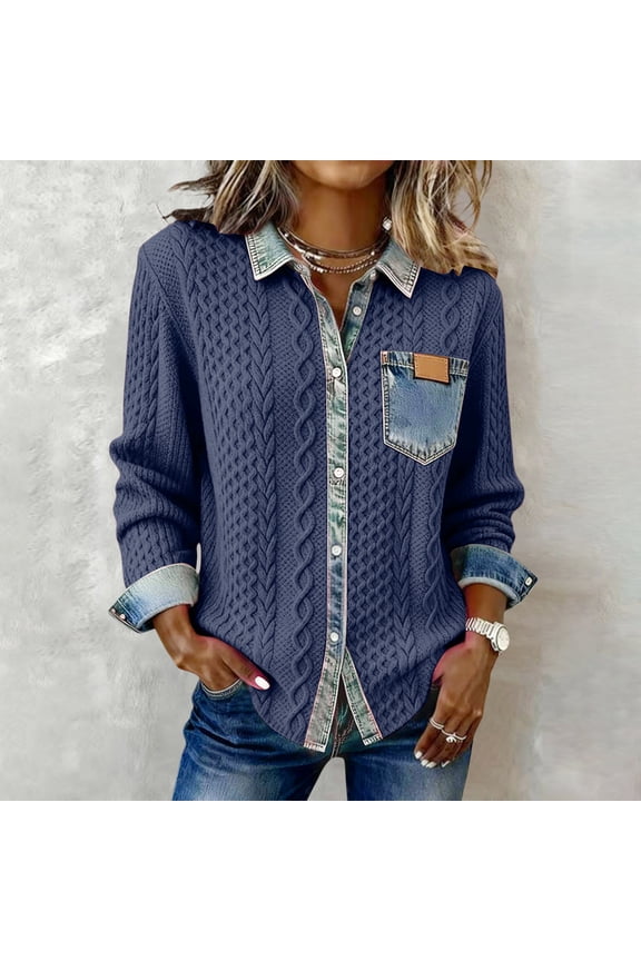 Denim Sweater For Women Collar Button Up Patchwork Denim Pullover Shirt Knit Jean Sweater Casual Wear Blouses Dark Gray