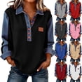 thumbnail image 1 of Denim Sweater for Women Collar Button up Patchwork Denim Pullover Tops Vintage Waffle Knit Jean Sweater Casual Wear Blouses, 1 of 6