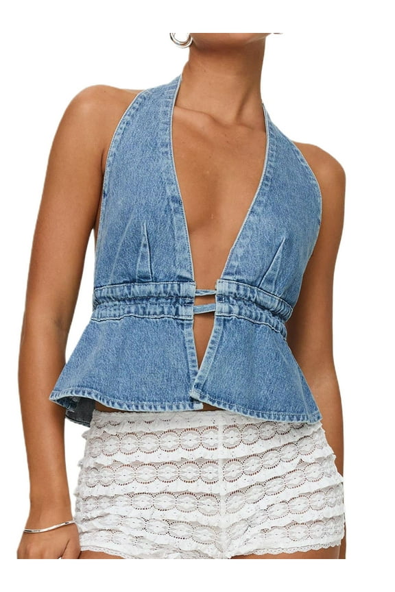 Denim Tank Tops for Women Sleeveless Lace Up Halter Vest Deep V Neck Ruffle Hem Tie Back Vintage Jean Vest Party Clubwear Streetwear