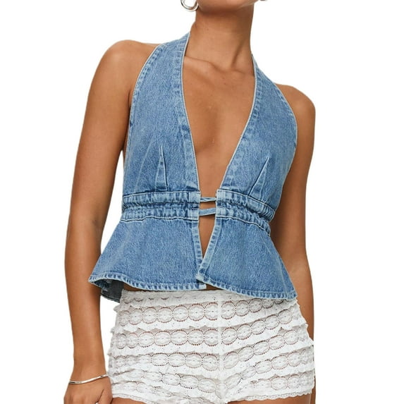 Denim Tank Tops for Women Sleeveless Lace Up Halter Vest Deep V Neck Ruffle Hem Tie Back Vintage Jean Vest Party Clubwear Streetwear