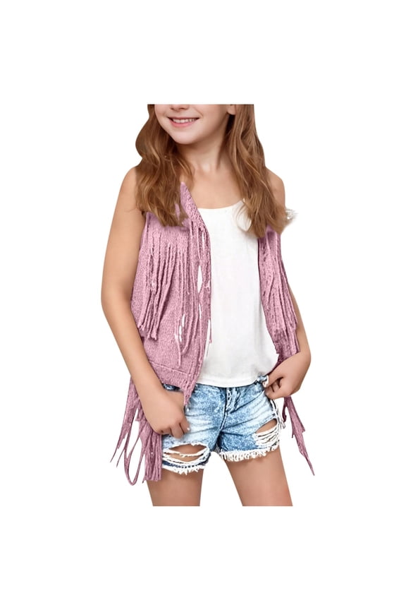Denim Tops For Girls Tassel Sleeveless Vest 70s Hippie Faux Suede Fringe Jacket Oversized Cardigan Top for 3-12 Years