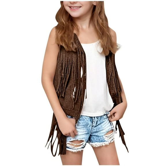 Denim Tops For Girls Tassel Sleeveless Vest 70s Hippie Faux Suede Fringe Jacket Oversized Cardigan Top for 3-12 Years