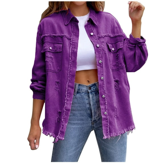 Denim Tops Womens Oversized Ripped Denim Jacket Frayed Hem Button Front Jean Coat Shacket Jacket with Pockets S-13 Purple XL