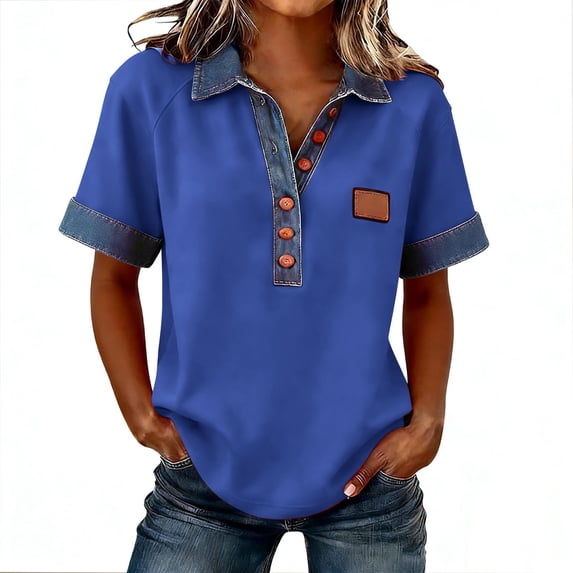 Denim Tops for Women Color Block Casual Short Sleeve Turtleneck Button Denim Pullover Sweatshirt Top