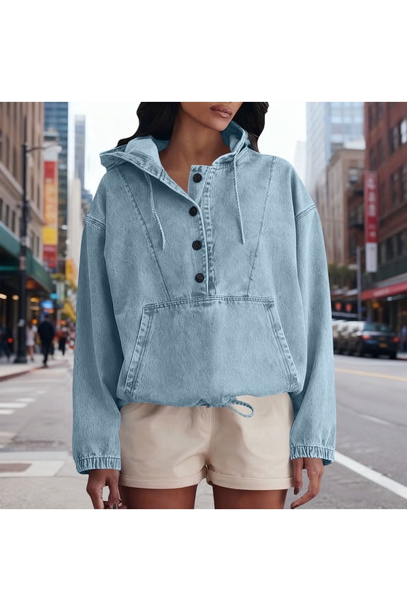 Denim Tops for Women Trendy Hoodies with Pocket Loose Button up Jean Pullover Drawstring Hooded Sweatshirts (L, Light Blue)
