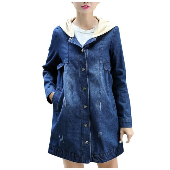 Denim Tops for Women Womens Shacket Jacket Long Sleeve Button Hooded Long Denim Coat with Pockets Oversized Jean Jacket for Women S-9 Blue M
