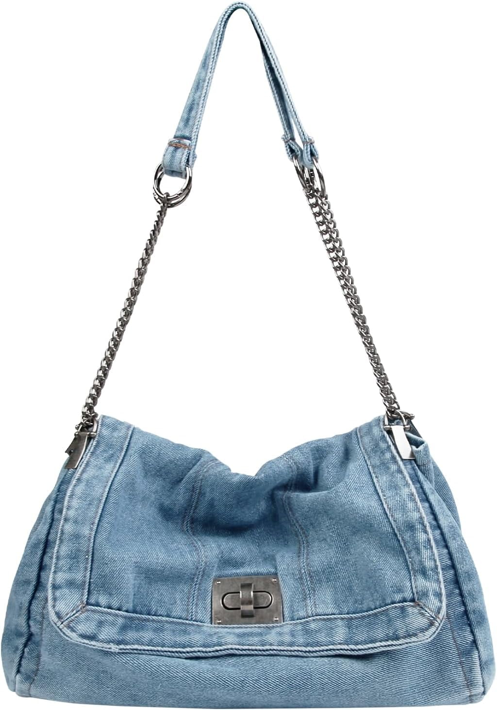 Denim Tote Bag for Women Fashion Adjustable Chain Shoulder Handbag Crossbody Bag Retro Zipper Hobo Purse