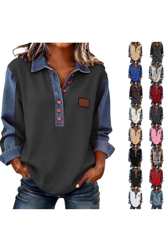 Denim Trim Collared Long Sleeve Waffle Knit Pullover Women's Vintage Half Button Casual Office Tops, #03 Gray, M