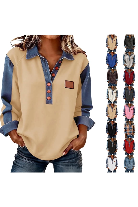 Denim Trim Collared Long Sleeve Waffle Knit Pullover Women's Vintage Half Button Casual Office Tops, #03 Khaki, L