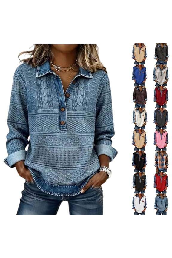 Denim Trim Collared Long Sleeve Waffle Knit Pullover Women's Vintage Half Button Casual Office Tops, #03 Sky Blue, XXL