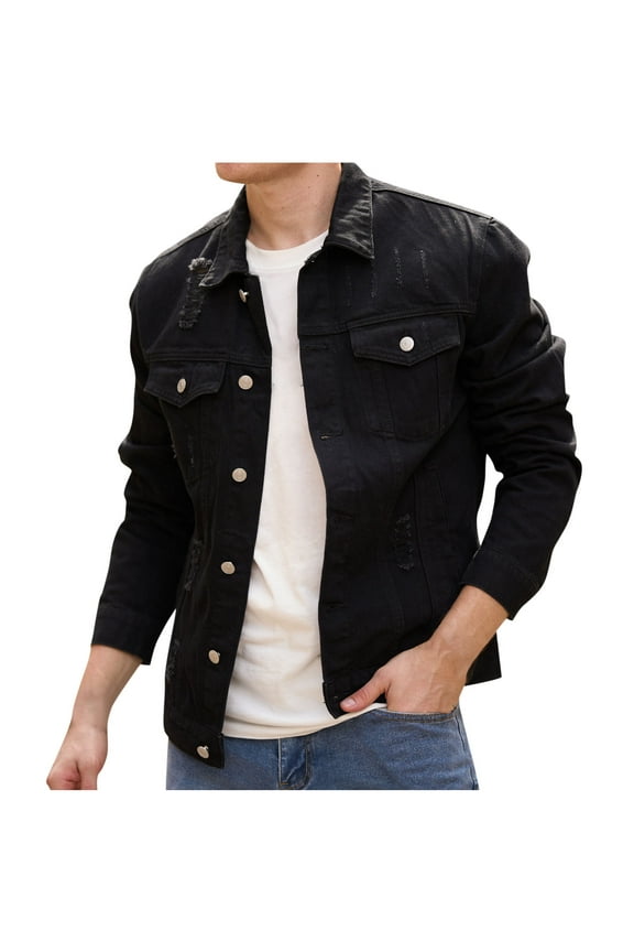 Denim Trucker Jacket for Men Lapel Fashion Ripped Jean Jacket Coat Slim Fit Casual Button Down Shackets (XL, Black)