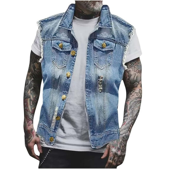 Denim Vest Men Lapel Sleeveless Slim Fit Retro Ripped Casual Jean Vest Jacket for Men's