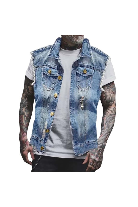 Denim Vest Top For Men Distressed Frayed Sleeveless Ripped Jean Jacket Stand Collar Motorcycle Button Up Cropped Waistcoat