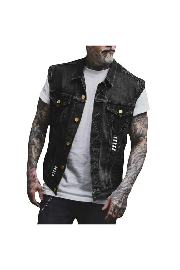 Denim Vest Top For Men Distressed Frayed Sleeveless Ripped Jean Jacket Stand Collar Motorcycle Button Up Cropped Waistcoat