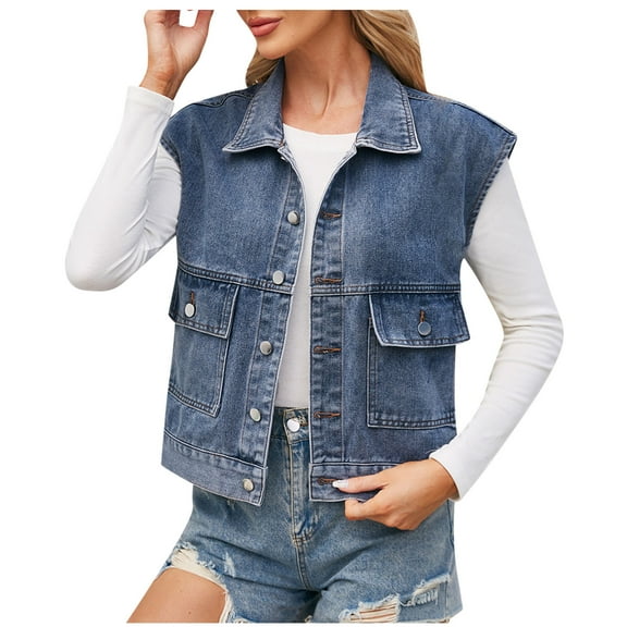 Denim Vest Top for Women Fashion Button Down Pockets Sleeveless Outwear Jean Jacket