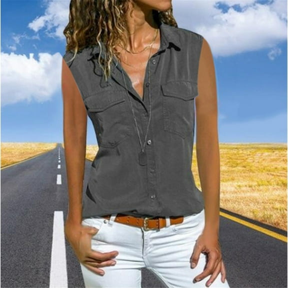 Denim Vest Women, Casual Solid Sleeveless Turn Down Collar Pocket Blouse Top, Gray XXL