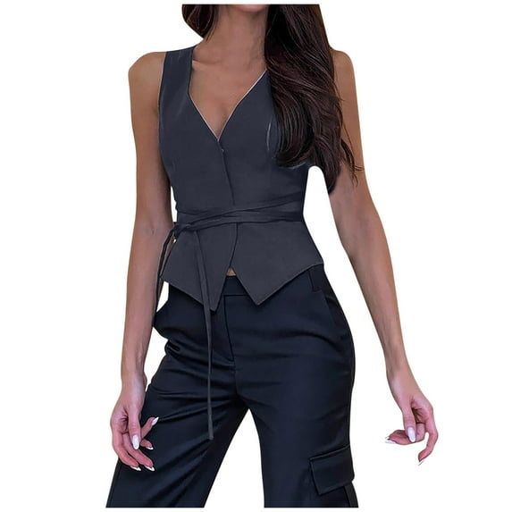 Denim Vest Women V Neck Button Down Sleeveless Jean Jacket Tie Waist Bustier Tank Top Going Out Waistcoat, Black, S