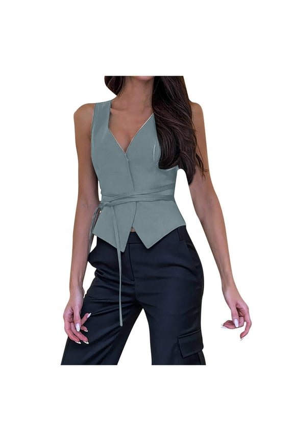 Denim Vest Women V Neck Button Down Sleeveless Jean Jacket Tie Waist Bustier Tank Top Going Out Waistcoat, Gray, L