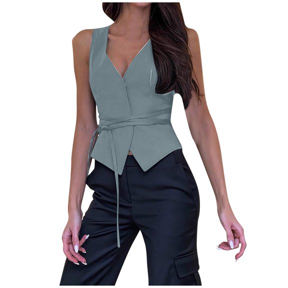 Denim Vest Women V Neck Button Down Sleeveless Jean Jacket Tie Waist Bustier Tank Top Going Out Waistcoat, Gray, M