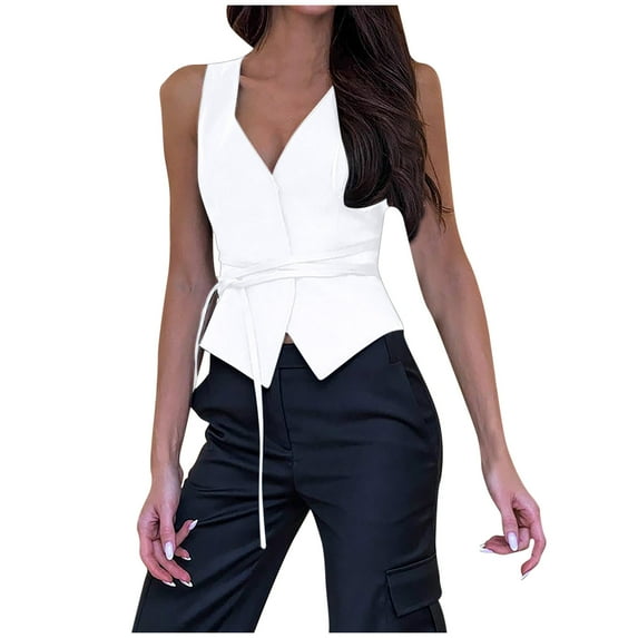 Denim Vest Women V Neck Button Down Sleeveless Jean Jacket Tie Waist Bustier Tank Top Going Out Waistcoat, White, L