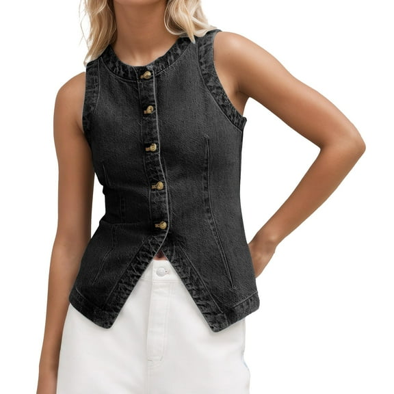 Denim Vest Women, Yigetop Women's Tops Summer 2025 Denim Vest Jacket Jean Vest Top for Women Black L
