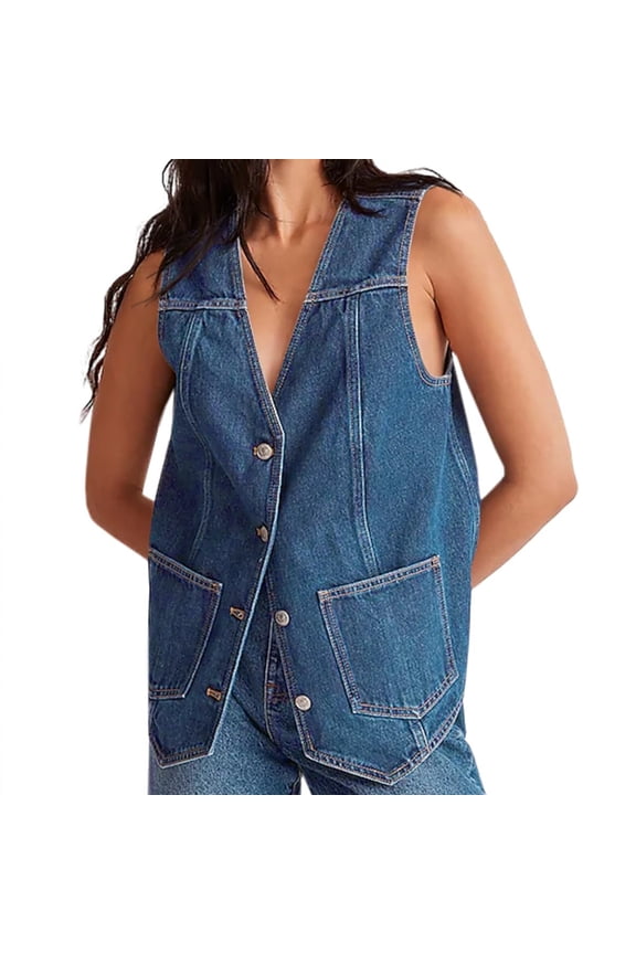 Denim Vest for Women Casual V Neck Button Down Sleeveless Jean Jacket