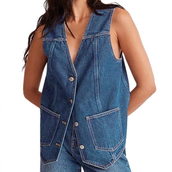 Denim Vest for Women Casual V Neck Button Down Sleeveless Jean Jacket