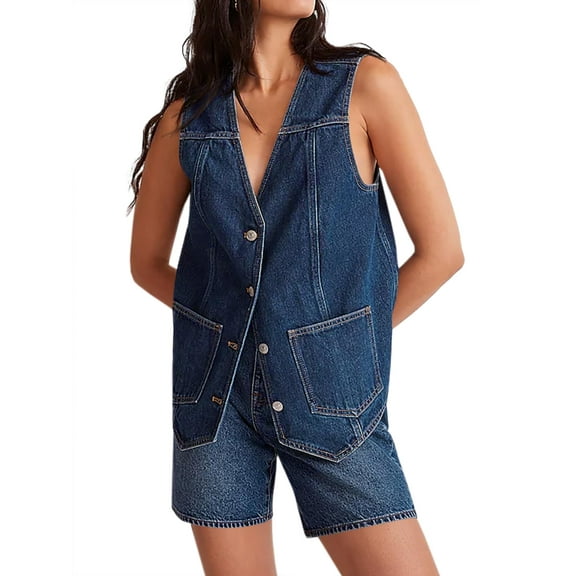 Denim Vest for Women Casual V Neck Button Down Sleeveless Jean Jacket