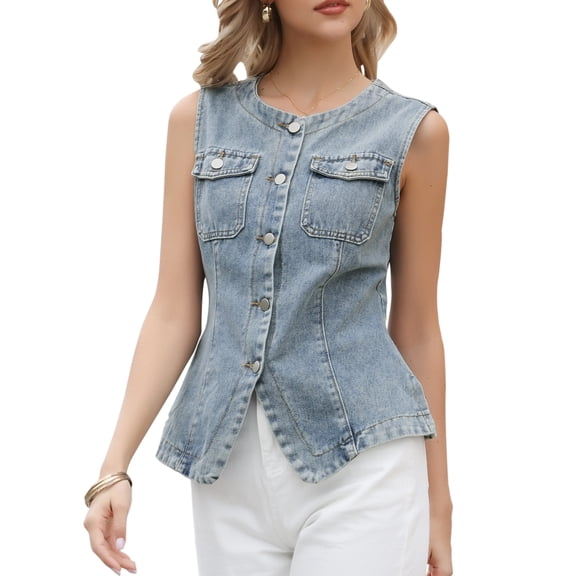 Denim Vest for Women Crew Neck Button Down Cropped Jean Vest Top S Gray Blue