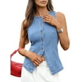 thumbnail image 1 of Denim Vest for Women Sleeveless Strechy Jean Vest Top Button Down Crewneck Casual Summer Western Waistcoat Blue L, 1 of 8