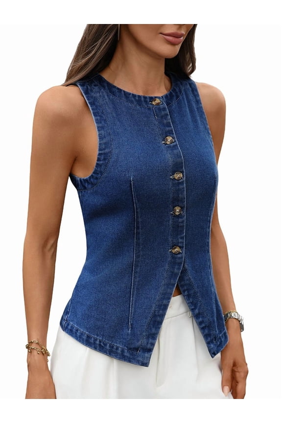 Denim Vest for Women Sleeveless Strechy Jean Vest Top Button Down Crewneck Casual Summer Western Waistcoat L